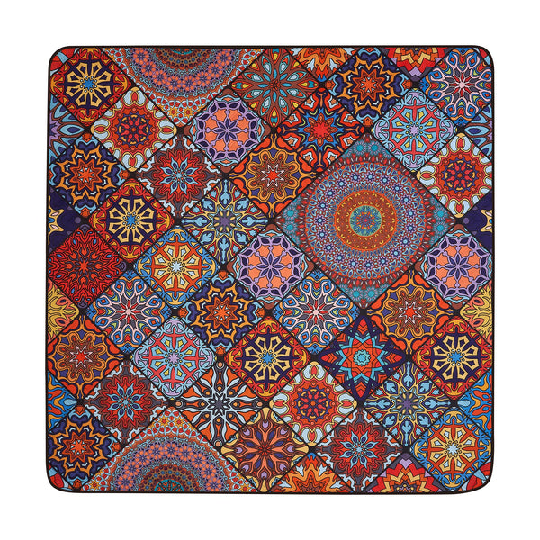 Recycled picnic blanket with multicolour Islamic geometric and mandala pattern, flat lay view
