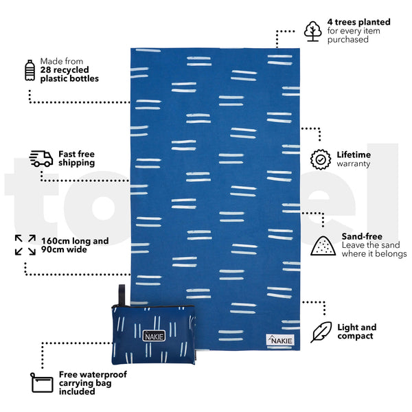 Blue beach towel with white dash pattern, shown laid flat with matching navy carrying pouch, 160cm x 90cm