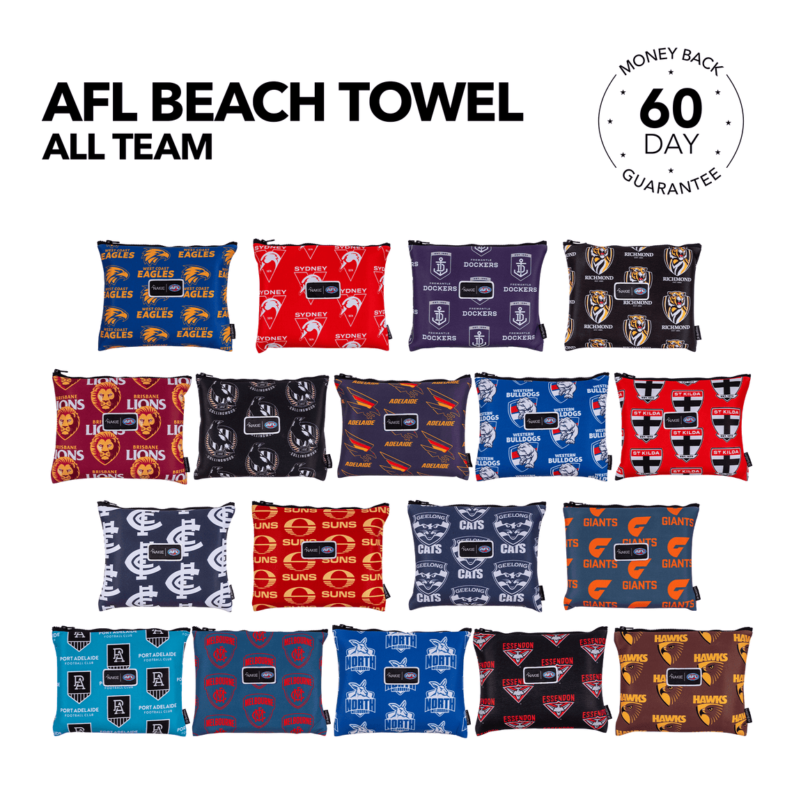 AFL beach towel featuring all 18 team logos and colors in repeating pattern design