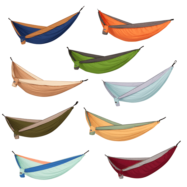 Ten camping hammocks in assorted colors including blue, orange, green, tan, and burgundy with contrasting straps.