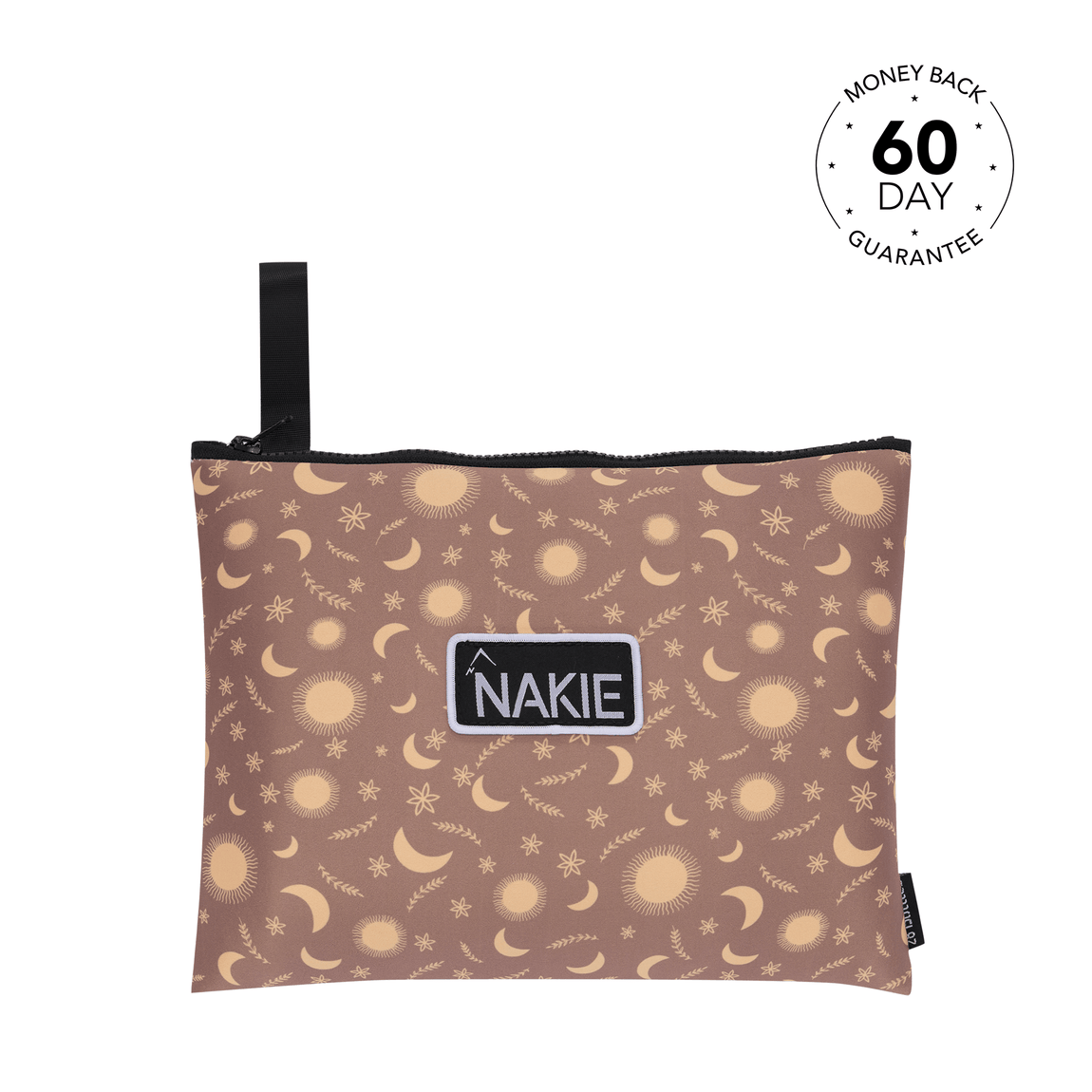 Brown recycled beach towel with moon, sun and star pattern, black carry handle and Nakie logo patch.