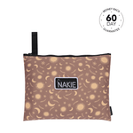 Brown recycled beach towel with moon, sun and star pattern, black carry handle and Nakie logo patch. preview #1