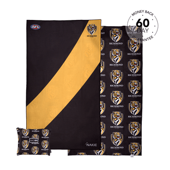 Richmond Tigers black and gold diagonal stripe recycled beach towel with tiger logo pattern, shown folded with matching pouch