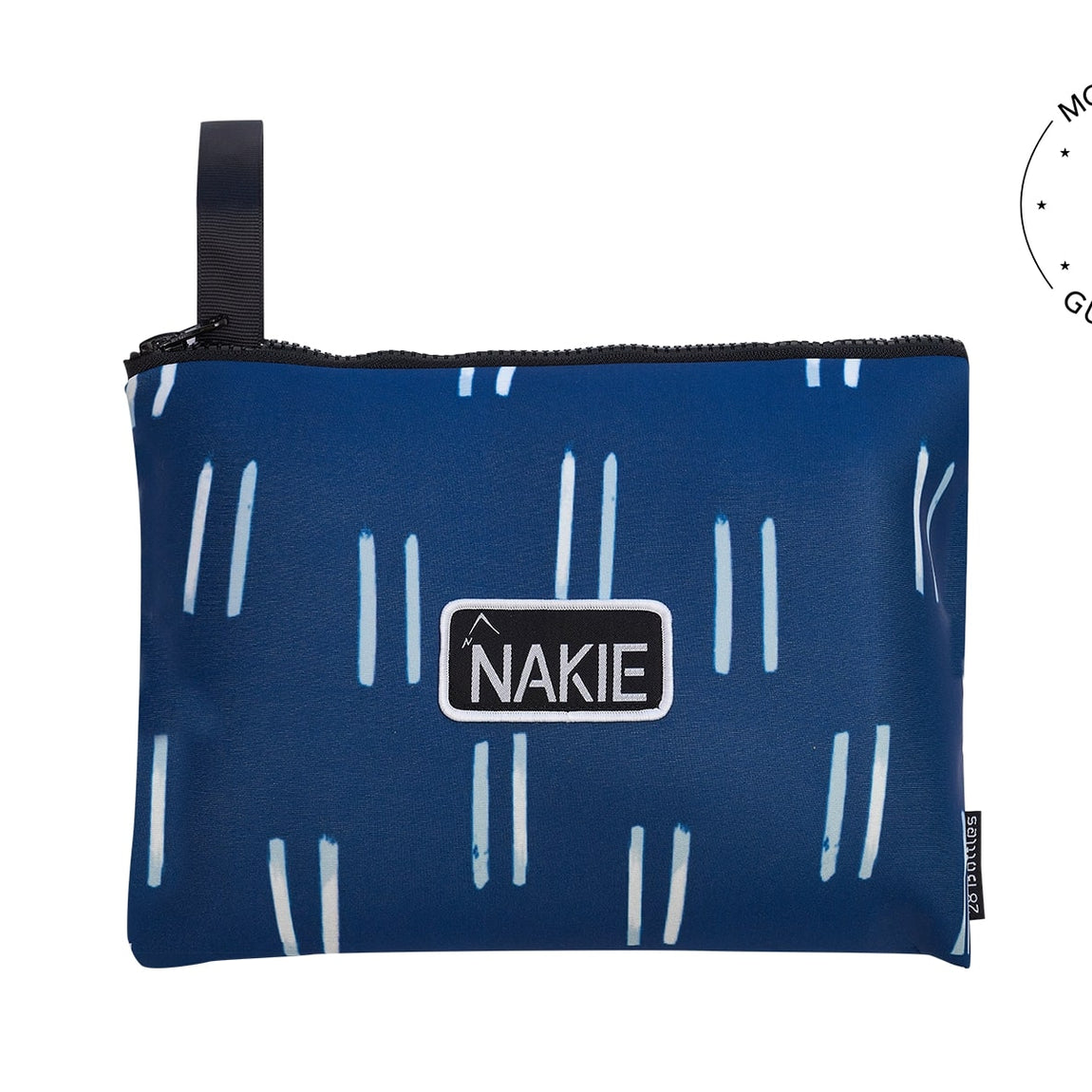 Navy recycled beach towel with white dash pattern and black NAKIE label, featuring carry handle