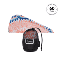 Hair wrap towel in coral and navy geometric pattern with black mesh storage pouch Free Gift